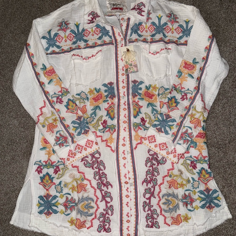 NWT Johnny Was Toyah White Gauze Embroidered Folkloric Tunic Top Blouse Small S